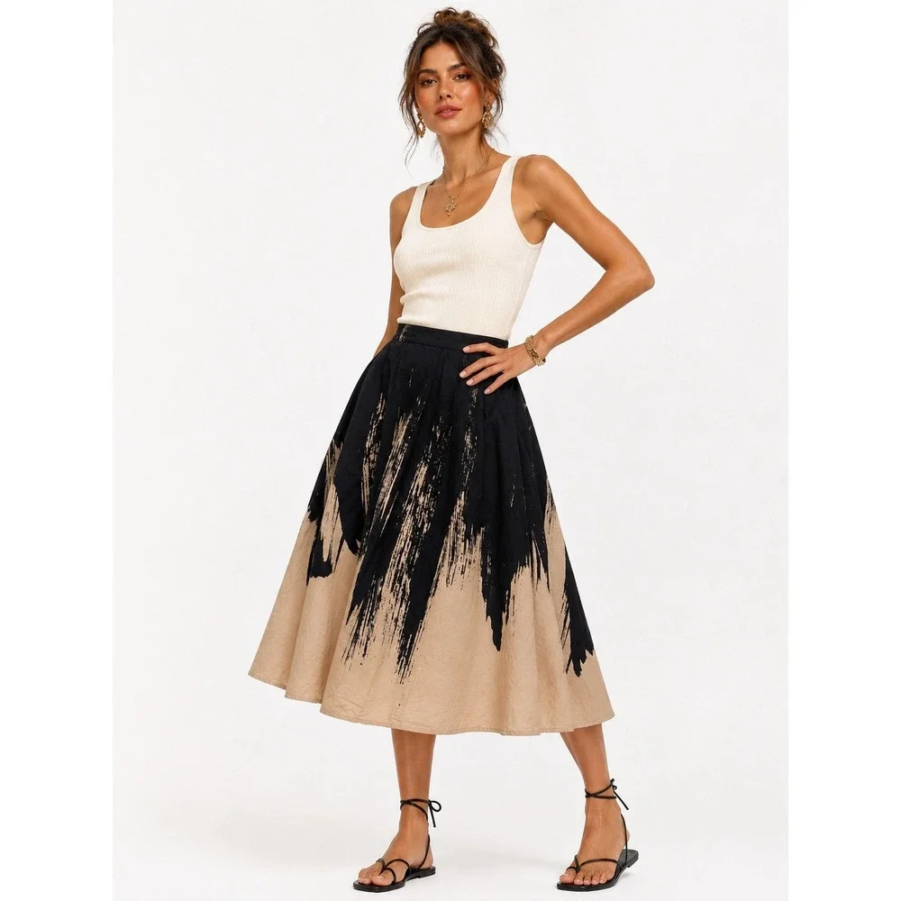 Eva Franco Black & Tan Paint-Brush Midi Skirt - Picture 1 of 8